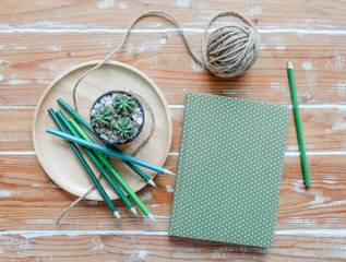Green note with cactus on wooden table 