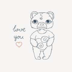 Fototapeta premium Teddy bear and heart. Valentine's day card. Coloring or print image.