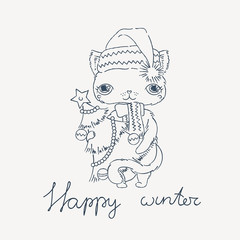 Cute cat in a warm hat with New Year tree. Coloring page or print for cards.