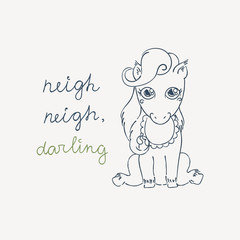 Little cute pony in a bib. Baby horse in a doodle style. Coloring or print page.