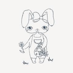Hand drawn illustration of cute bunny with flower and mushroom basket. Can be used for shirt design or fashion print and design for kids.