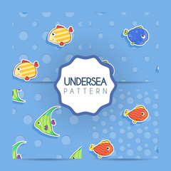 Set of vector seamless patterns of sea with yellow, green, blue and red smiley fish. Pattern for children.