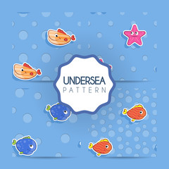 Set of vector seamless patterns with marine orange, red and blue smiley fish and starfish. Pattern for children.