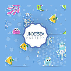 Set of vector seamless patterns of sea with yellow and green fish and jellyfish. Pattern for children.