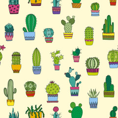 Seamless pattern doodle cactus and succulents