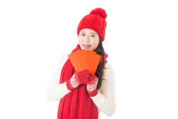 asian happy to receive luck money in red envelope