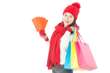 mixed race chinese woman shopping with lucky money