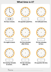 Telling time worksheet. write the clockwise and time on the clock