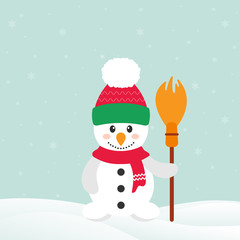 cute snowman with hat and broom and snow