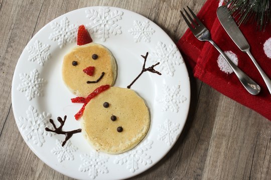 Snowman Pancakes For Christmas Breakfast For Kids Top Down View