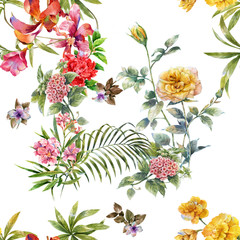 Watercolor painting of leaf and flowers, seamless pattern on white background