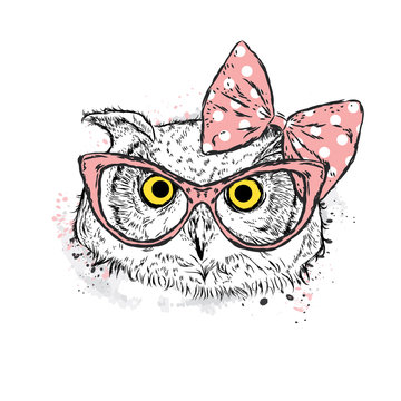 Cute owl with bow and glasses. Vector illustration drawn by hand. Postcard or poster. Print on clothes. Beautiful bird.