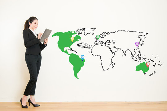 businesswoman travel agency planning vacation journey