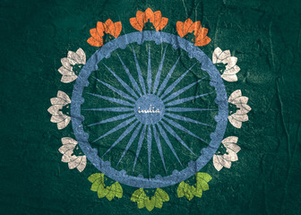 Indian flag wheel with Lotus Flower Painted by Indian Flags colors. Concrete textured backdrop