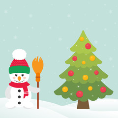 cute snowman with hat and broom and christmas fir tree