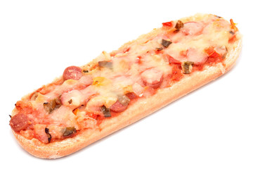 Pizza Baguette with salami isolated on white