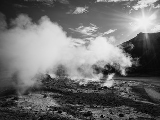 Krafla geothermal area of Hverir - black and white