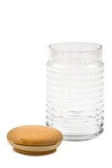 Obraz premium Empty glass jar with lid from wood, isolated on white, with clip