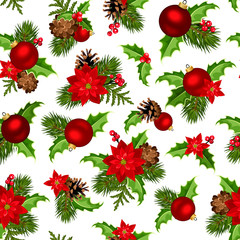 Vector Christmas seamless background with red balls, poinsettia flowers, green fir-tree branches, cones and holly.