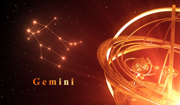 Zodiac Constellation Gemini And Armillary Sphere Over Red Background