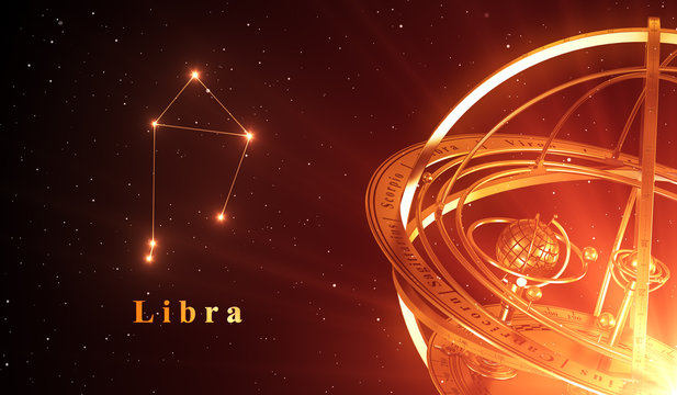 Zodiac Constellation Libra And Armillary Sphere Over Red Background