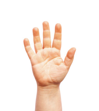 One single raised hand isolated on white background
