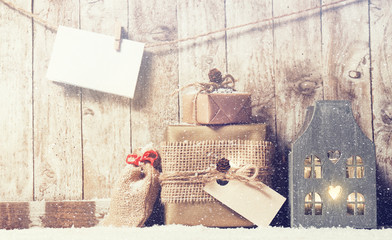 Christmas concept with various gifts on a wooden background. Chr