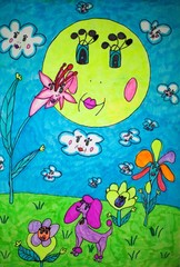 Naklejka na ściany i meble детский рисунок - солнышко, цветы и пудель
