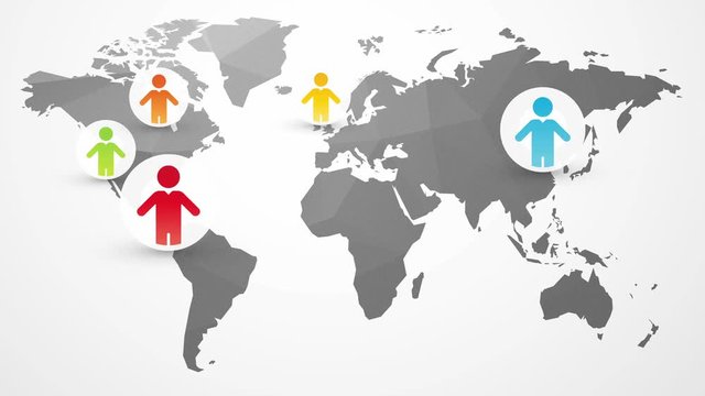 world map with color social network people icon