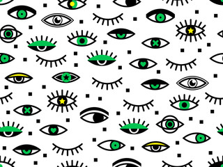 Seamless pattern with eyes. Retro texture in 80s - 90s style. Geometric eyelashes background. Hipster Memphis style for fashion. Perfect for wallpaper, pattern fill, web page, surface texture, textile