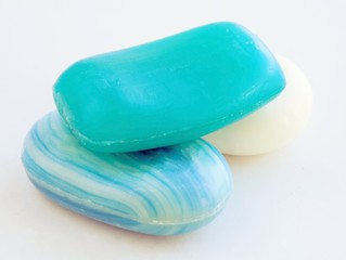 blue and white soaps for hygiene