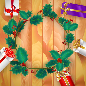 christmas advertisement poster with holly branches, presents, ri