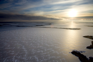 Oilfield on the Samolor lake, top view