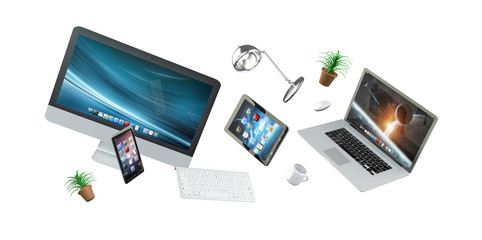 3D rendering flying workplace with laptop phone and tablet