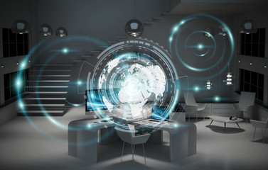 Workplace with modern devices and hologram screens 3D rendering