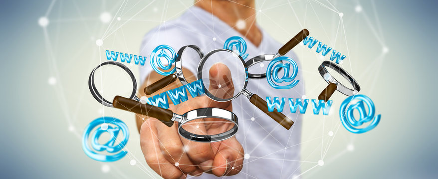 Businessman touching 3D rendering contact icon and magnifying gl