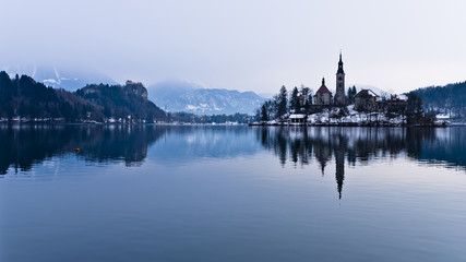 Lake Bled in winter, view from a boat, slovenian alps, Slovenia