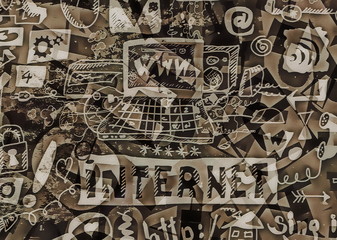 hand drawn internet doodle with grunge collage of letters background, texture