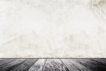 Fototapeta premium Old white concrete texture background with wooden board. Abstrac
