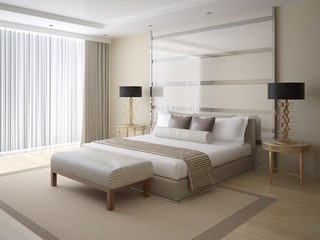 Modern bright and spacious bedroom with stylish rear background, and comfortable bed.