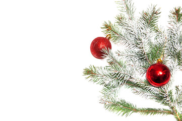 Fir branch decorated Christmas ornaments on a white background.