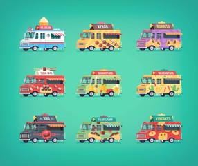 Set of flat food truck icons. Modern design concept compositions for food delivery service vehicles.
