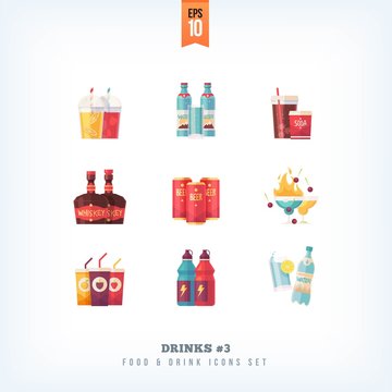 Set of vector flat drinks and beverages icons isolated on white background