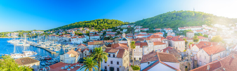 Korcula cityscape aerial panorama. / Aerial panorama of town Korcula, historic and touristic center in Croatia, Europe summertime.