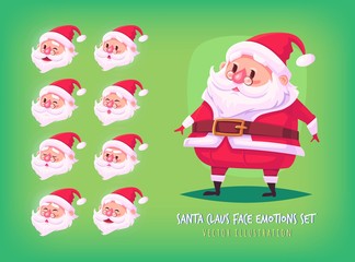 Set of Santa Claus face emotions icons Cute cartoon faces collection Merry Christmas vector illustration