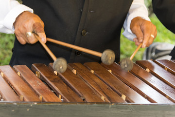 Close-up shot of a marimba or Hormigo keyboard. Guatemala