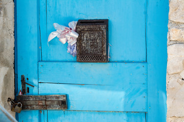 Close up from wooden blue door