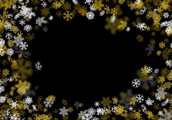 Snowfall background with golden snowflakes blurred in the dark