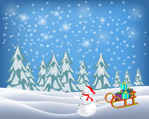 Snowman pulled sleigh full of present in christmas winter landscape