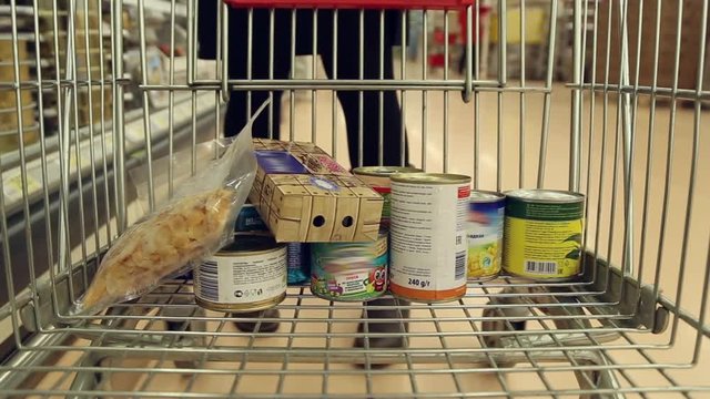 Girl buys food in shop, she puts tin cans and packages of food to the shopping cart, timelaps

